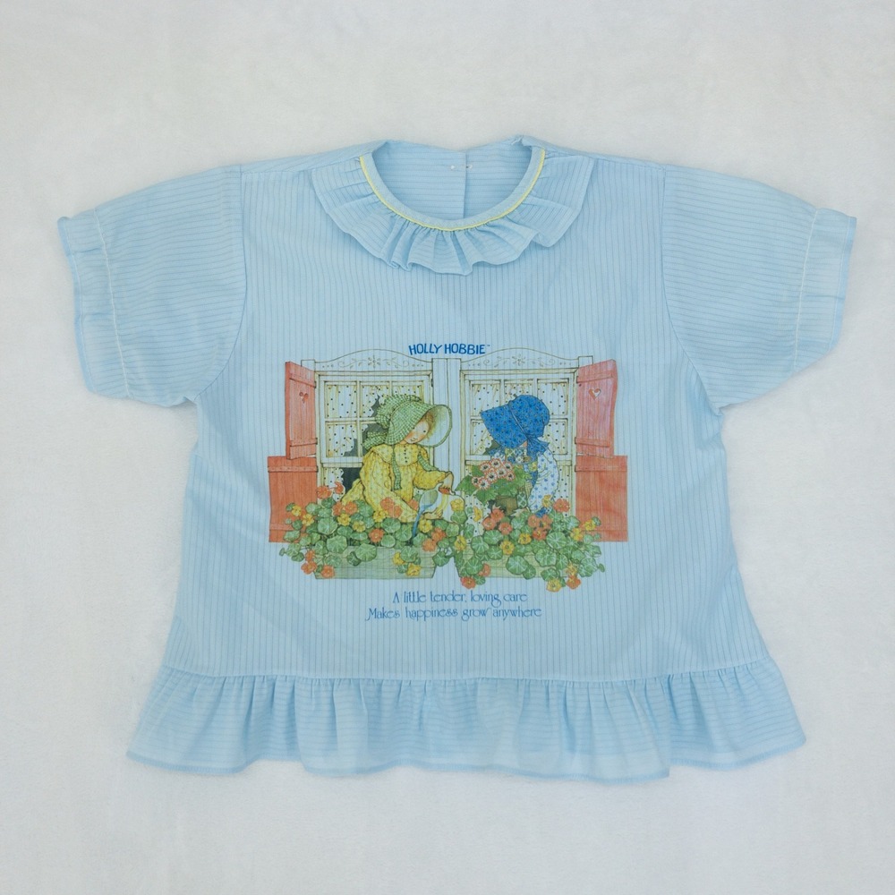 Holly Hobbie Top Kids 7 Blue Vintage 1970s Ruffle Short Sleeve Shirt Rare